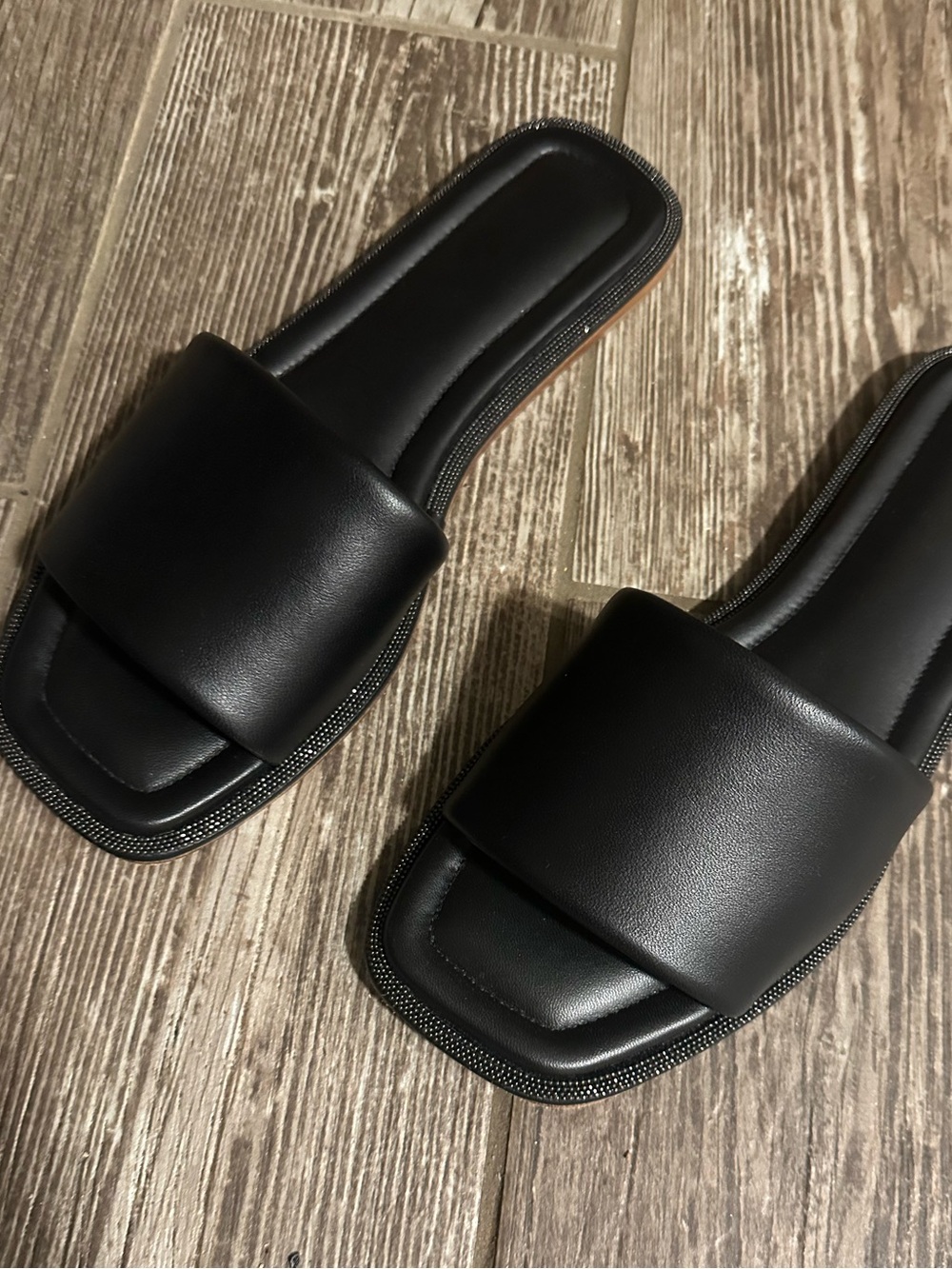 Brunello Cucinelli Black Leather Slide with Monili trim Sandals
